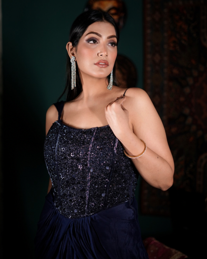 [Blue Indo Western outfit, Hand embellished corset gown, Backless drape dress, Luxury Indo western wear, Designer corset outfit India]