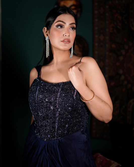 [Blue Indo Western outfit, Hand embellished corset gown, Backless drape dress, Luxury Indo western wear, Designer corset outfit India]