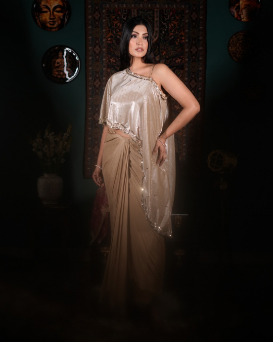 Elegant couture Indo western, Handcrafted embellishment detailing, Chic drape skirt ensemble, Modern ethnic glamour, Designer fusion fashion