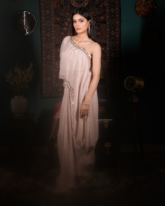 Elegant couture Indo western, Handcrafted embellishment detailing, Chic drape skirt ensemble, Modern ethnic glamour, Designer fusion fashion