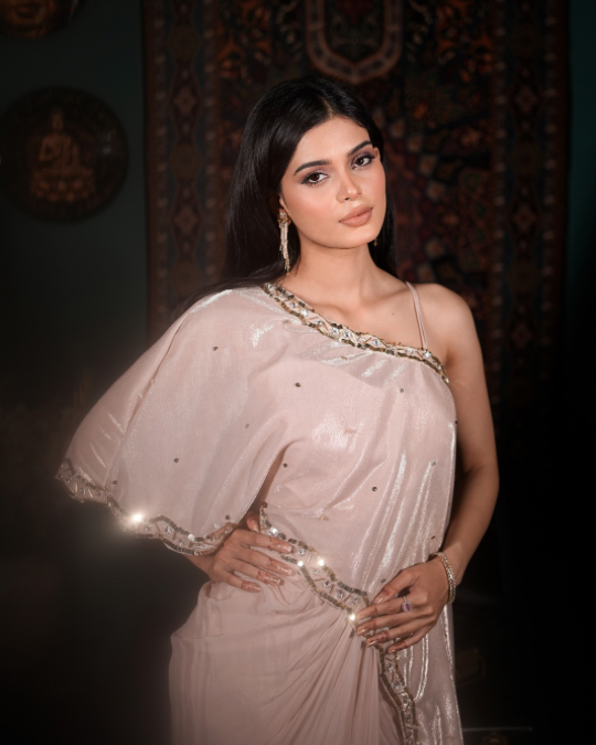 Rose gold Indo Western dress, One shoulder kaftan top, Hand embellished fusion wear, Luxury Indo western outfit, Designer drape skirt India