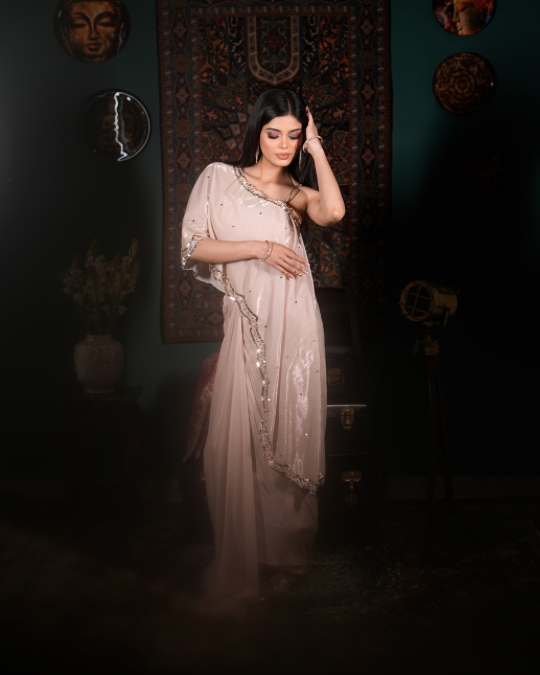 Best Indo western fit for women, Rose gold drape outfit, Contemporary ethnic fashion, Glamorous cocktail outfit, Premium partywear India