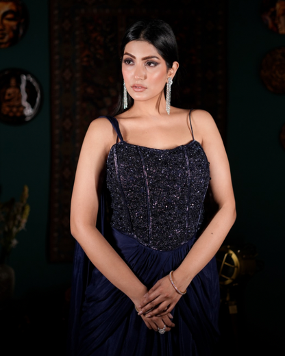 Best Indo western fit for women, Blue corset drape outfit, Glamorous reception look, Modern ethnic couture, Premium handwork outfit