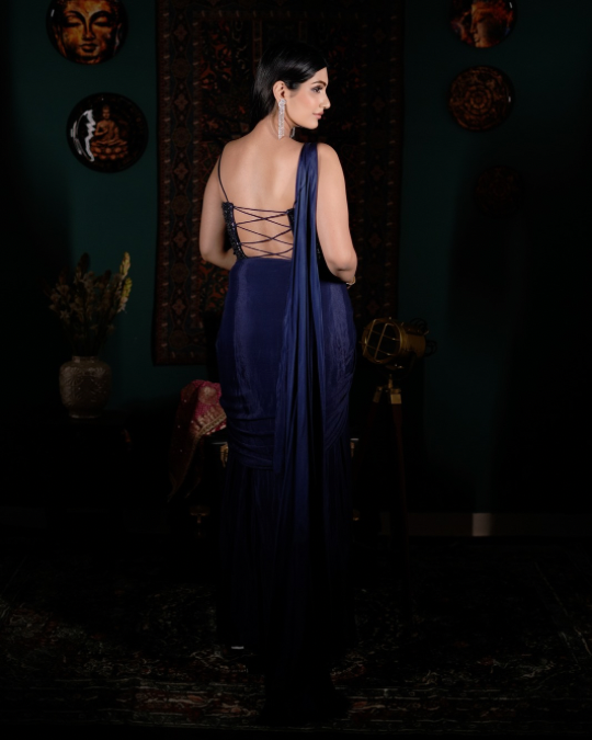 Trending Indo western dress 2026, Celebrity style corset gown, One sleeve dupatta outfit, Blue draped silhouette, Statement cocktail outfit
