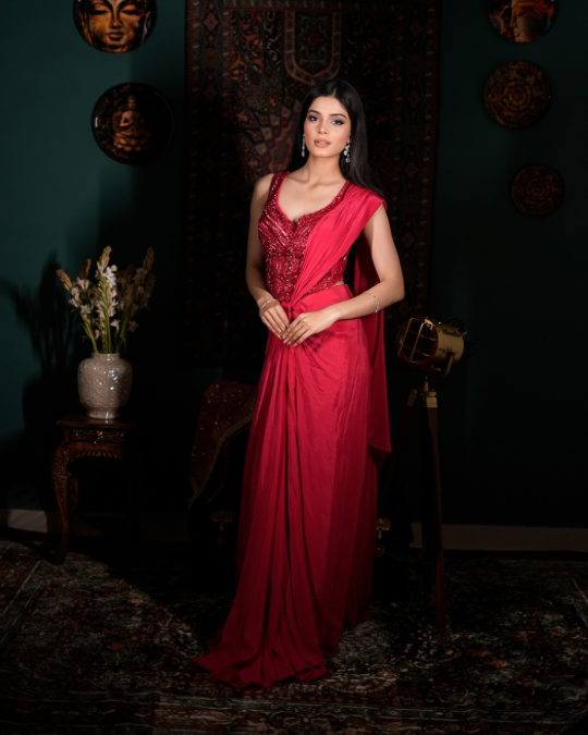 Best Indo western saree for women, Red corset drape outfit, Glamorous cocktail saree, Modern ethnic couture, Premium festive wear India