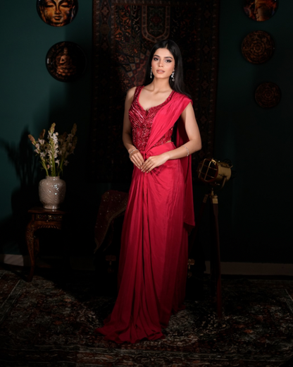Best Indo western saree for women, Red corset drape outfit, Glamorous cocktail saree, Modern ethnic couture, Premium festive wear India