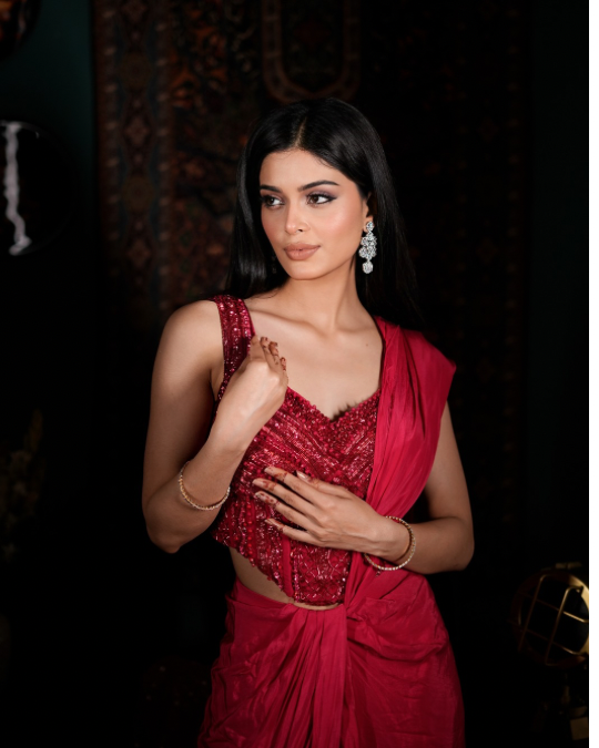 Red Indo Western drape saree, Hand embellished corset saree, Designer drape saree India, Luxury Indo western outfit, Contemporary saree look