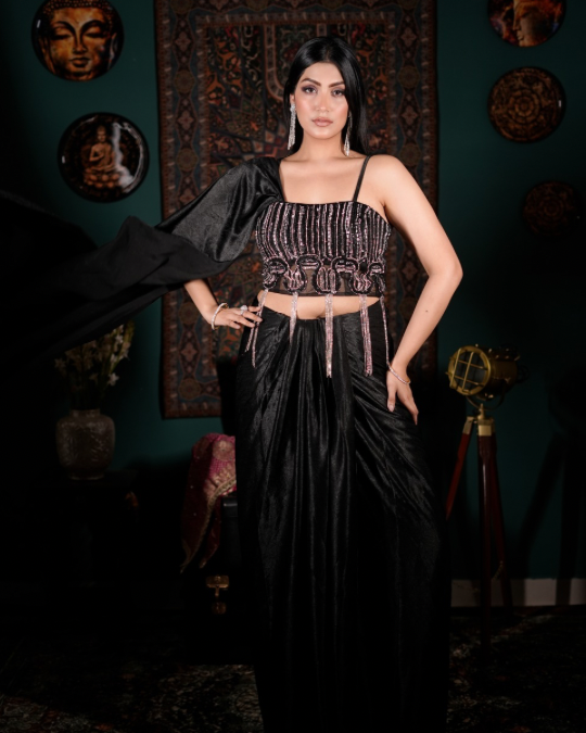 Luxury black partywear India, Indo western skirt set, Crystal embellished couture, Fashion-forward ethnic wear, Glam fusion outfit for weddings