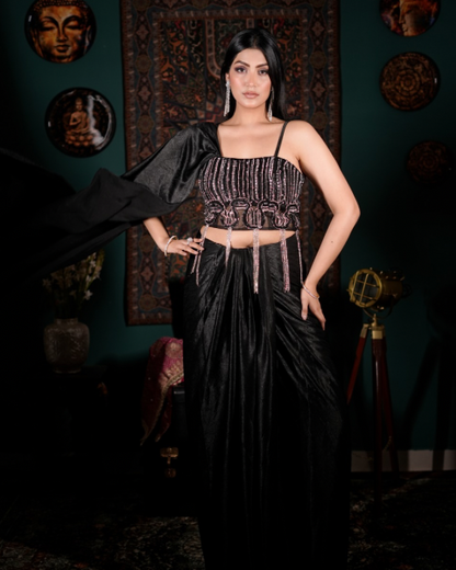 Luxury black partywear India, Indo western skirt set, Crystal embellished couture, Fashion-forward ethnic wear, Glam fusion outfit for weddings