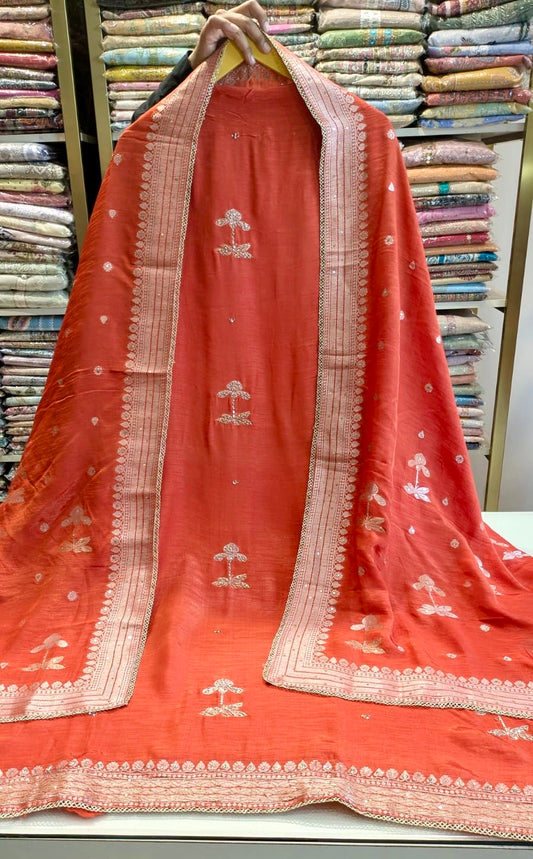 Premium Dola Silk Suit with Zari Booti & Dabka Highlight