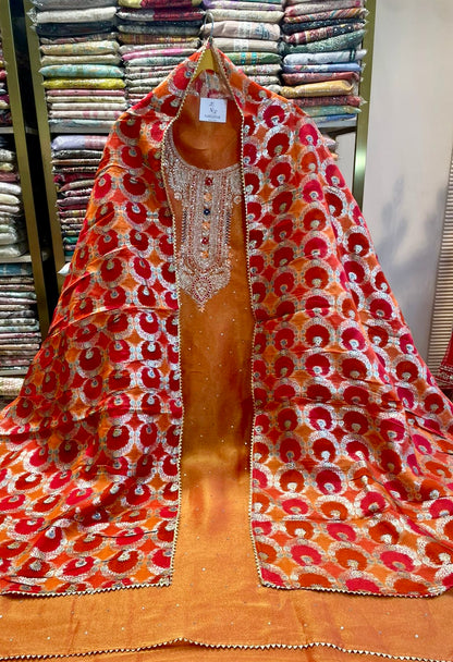 Premium Tissue Suit with V-Neck Dabka Work & Banarsi Zari Dupatta