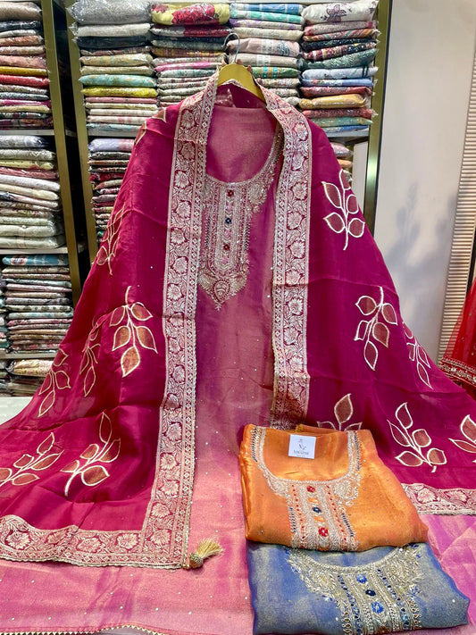 • Premium Tissue suit with V-neck Dabka work and Banarsi zari dupatta
• Elegant unstitched festive wear with Upara Silk bottom for women
• Designer Tissue dress material perfect for weddings and party wear
• Luxury ethnic suit with heavy Dabka work and Banarsi style dupatta
• Party wear Tissue suit with rich festive and traditional royal look