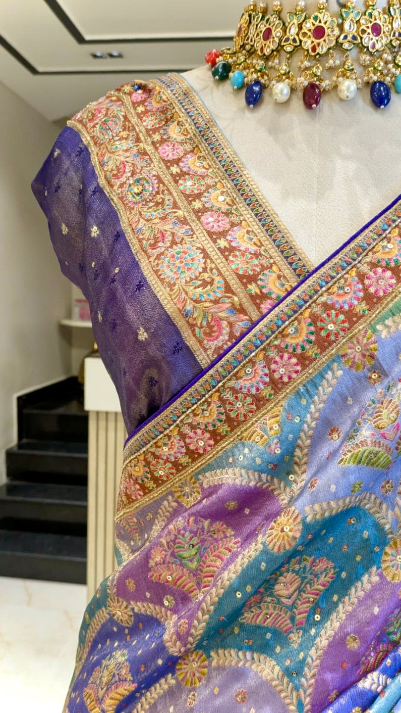 Elegant Modal Crape Saree with Position Print & Handwork