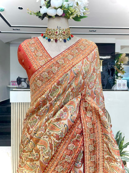 Graceful Modal Crape Saree with Position Print & Handwork