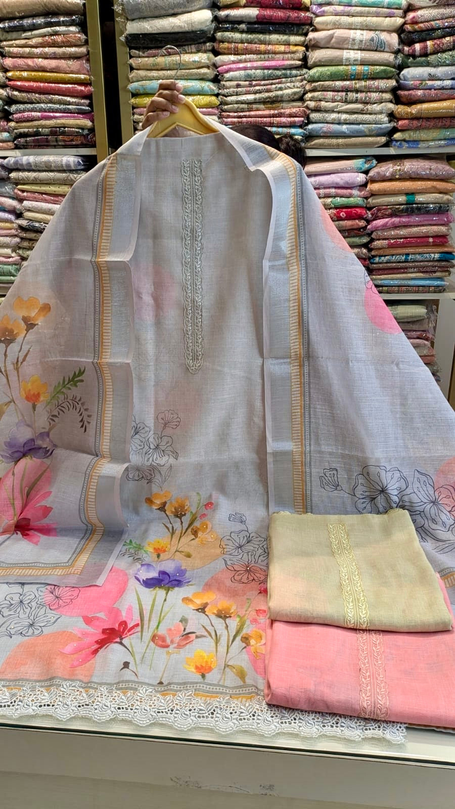 linen cotton suit set, printed sequence work suit, unstitched salwar suit, designer cotton dress material, festive wear suit for women, ladies ethnic wear, printed dupatta suit set, sequence highlighted suit, cotton bottom suit set, stylish traditional wear