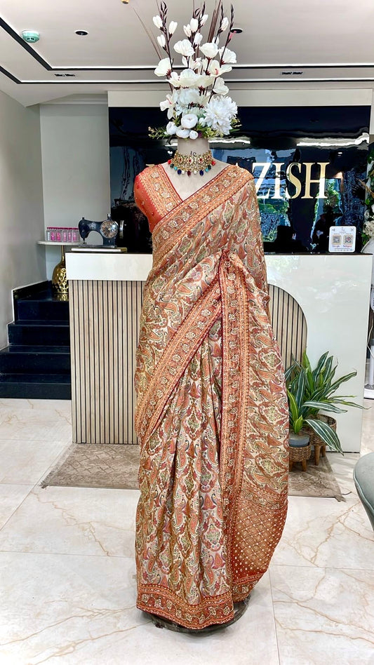 Graceful Modal Crape Saree with Position Print & Handwork