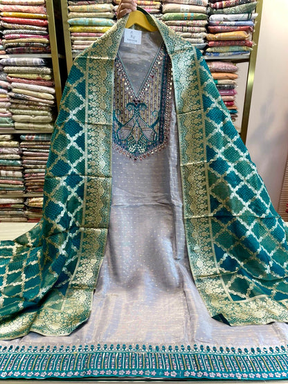 Tissue Unstitched Suit with Handwork & Banarasi Dupatta