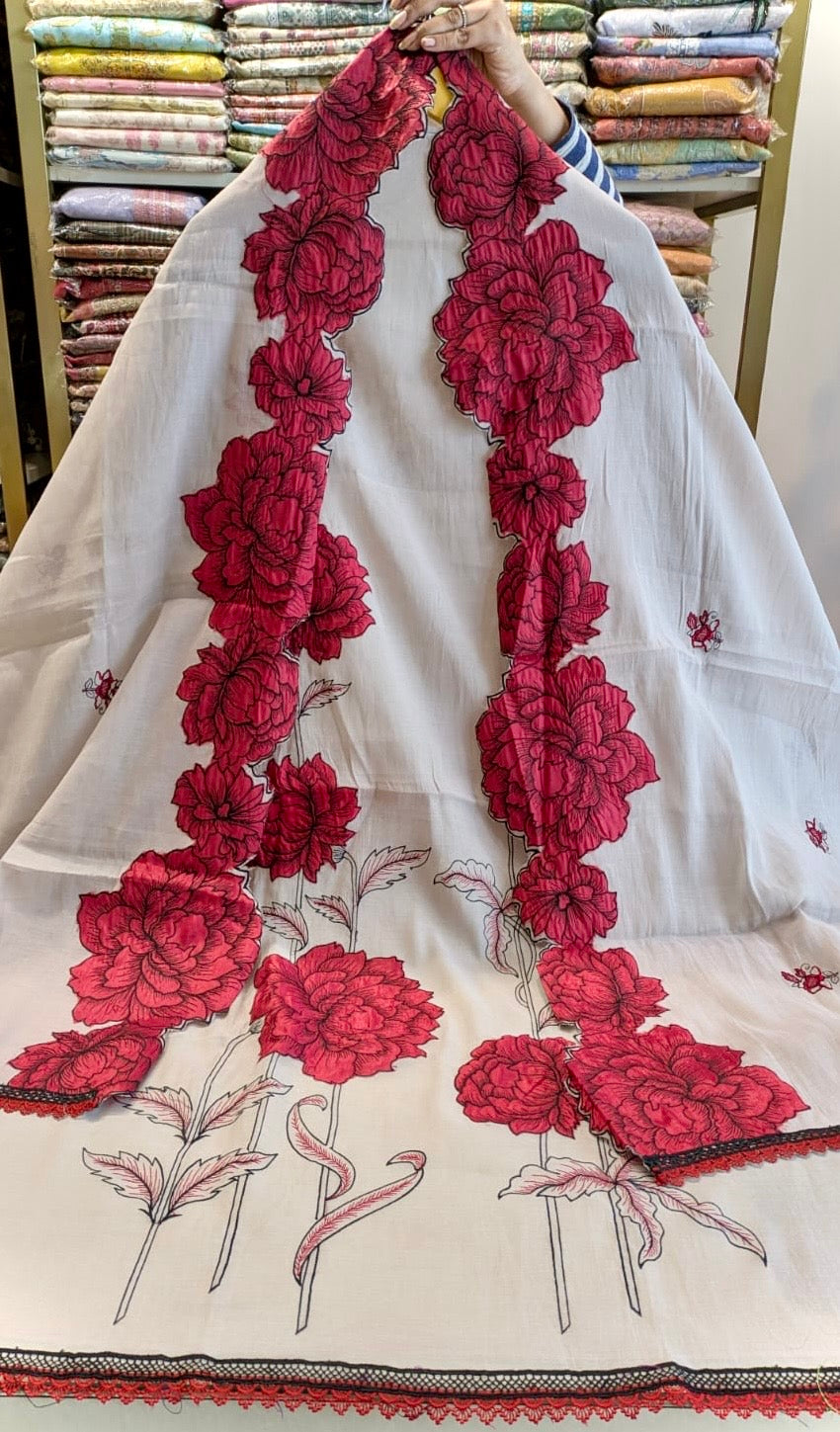 Mul Mul Unstitched Suit with Patch Work & Matching Dupatta