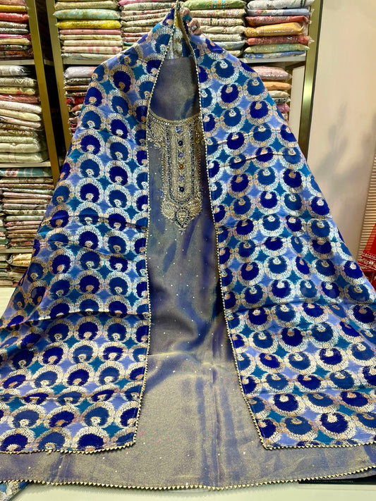Premium Tissue Suit with V-Neck Dabka Work & Banarsi Zari Dupatta