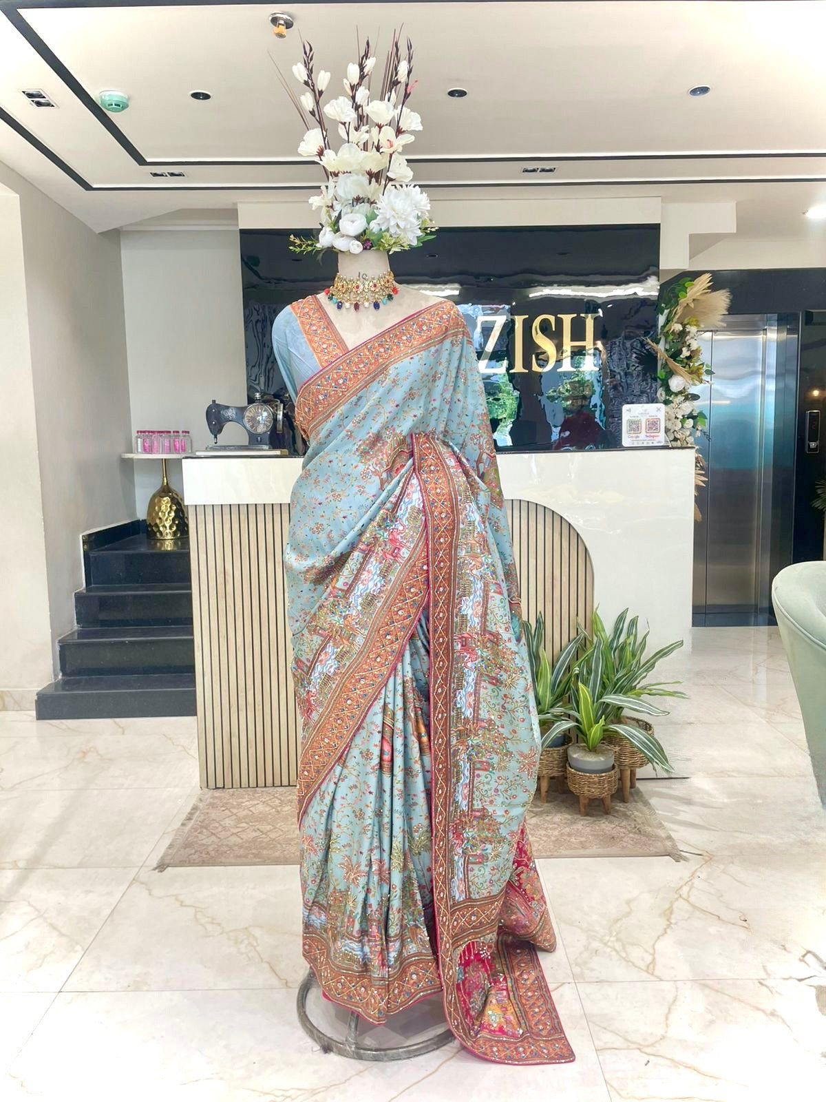 Elegant Sky Blue Kashmiri Kanni Work Saree with Kartdana
