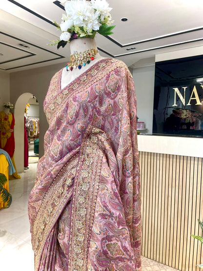 Graceful Modal Crape Saree with Position Print & Handwork