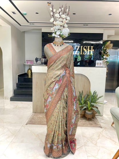 Elegant Pista Green Kashmiri Kanni Work Saree with Katdana Work