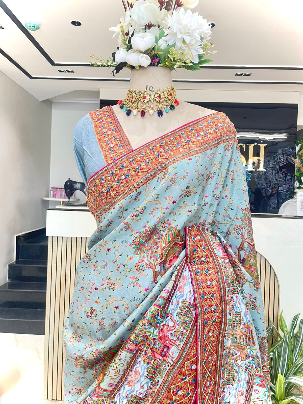 Elegant Sky Blue Kashmiri Kanni Work Saree with Kartdana