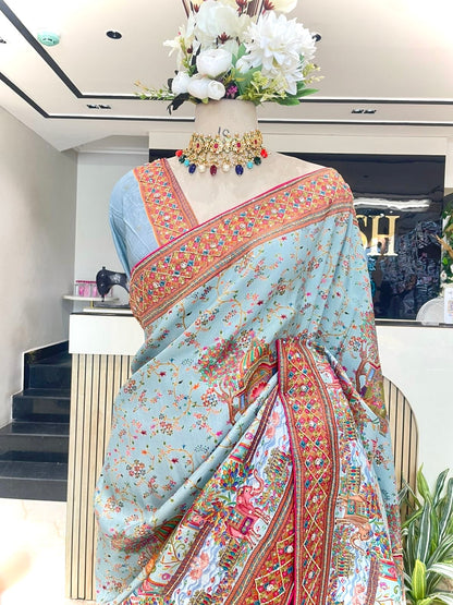 Elegant Sky Blue Kashmiri Kanni Work Saree with Kartdana