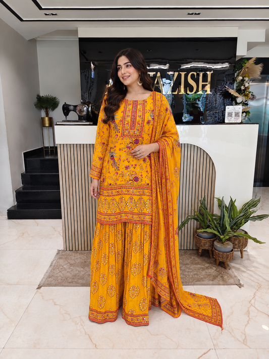 Yellow Crepe Sharara Set
Designer Birds Motif Sharara Suit
Stone Mirror Work Sharara Set
Wedding Wear Sharara Suit
Luxury Ethnic Wear