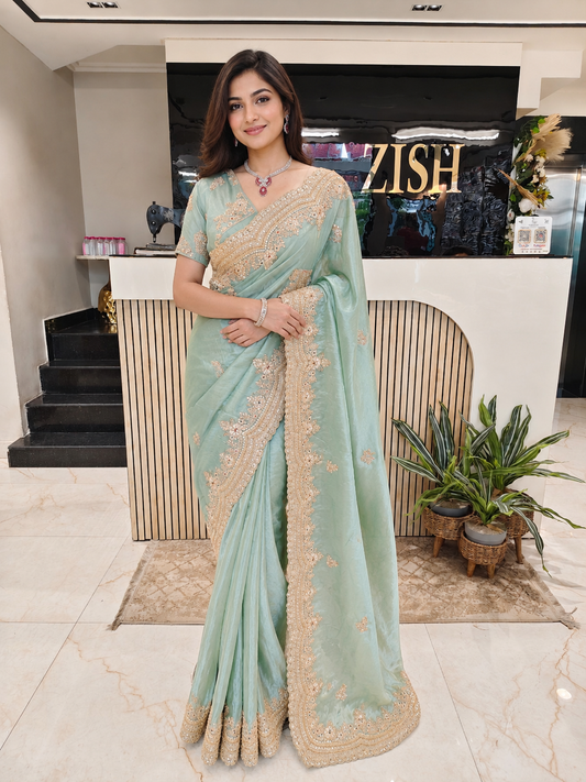 Sea Green Designer Saree
Tissue Saree for Women
Zari Sequins Work Saree
Wedding Wear Saree India
Luxury Party Wear Saree