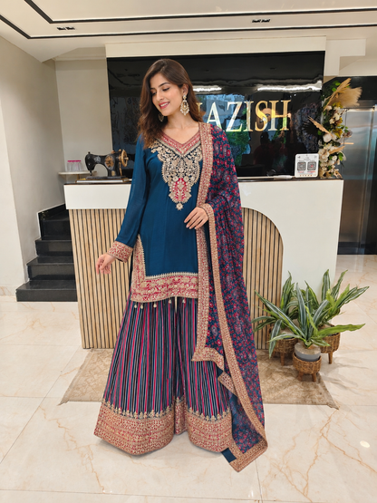 Blue Chinon Kurta Palazzo Set
Designer Palazzo Suit
Chinon Kurta Set
Festive Wear Kurta Palazzo
Party Wear Ethnic Set
