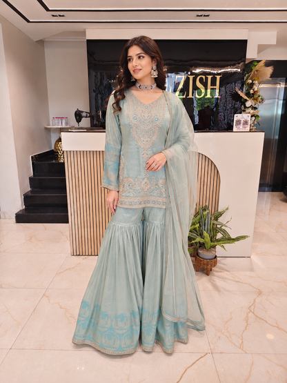 Sea Green Sharara Set
Jacquard Tissue Sharara Set
Designer Sharara Suit
Wedding Wear Sharara
Festive Party Wear Sharara