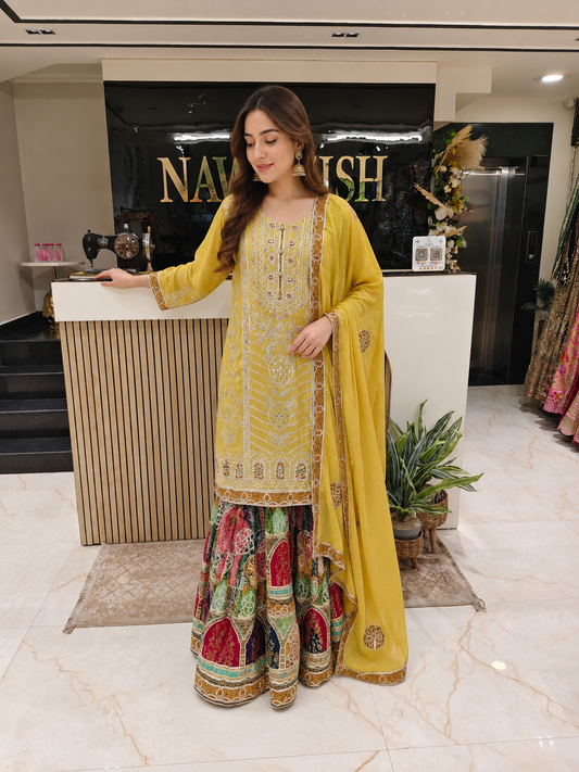 Lemon Tissue Sharara Set
Designer Sharara Suit
Gota Patti Sharara Set
Haldi Wear Ethnic Set
Festive Party Wear Sharara