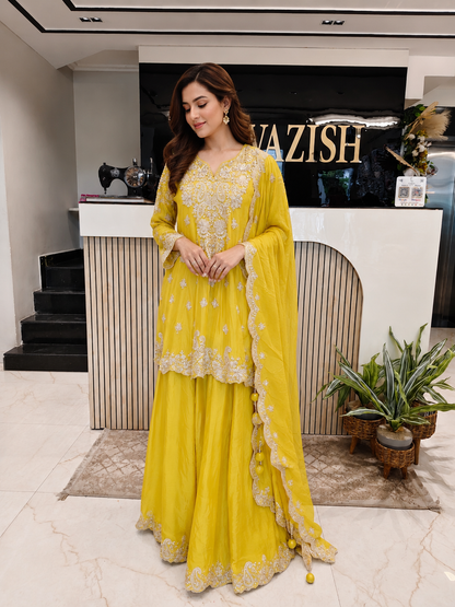 Lemon Chiffon Sharara Set
Designer Sharara Suit
Wedding Wear Sharara
Festive Party Wear Ethnic Set
Chiffon Designer Suit