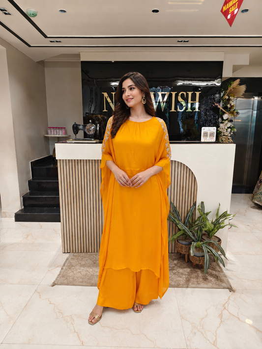 Mustard Kaftan Set
Designer Kaftan Women
Dabka Work Ethnic Outfit
Contemporary Fusion Wear India
Luxury Festive Wear Women