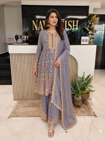 Grey Tissue Anarkali Pant Set
Designer Anarkali Suit
Wedding Wear Anarkali Set
Festive Party Wear Ethnic Set
Tissue Designer Suit