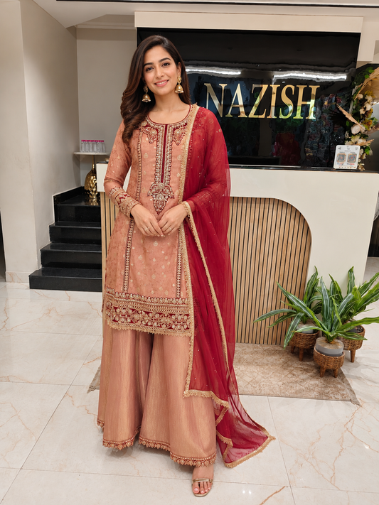 Brown & Maroon Jacquard Tissue Sharara Set
Designer Sharara Suit
Wedding Wear Sharara
Festive Party Wear Sharara
Jacquard Tissue Ethnic Set