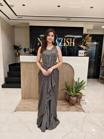 Grey Crepe Indo-Western Set
Designer Crepe Drape Skirt Set
Sequins Kutdana Mirror Work Outfit
Wedding Wear Indo-Western
Luxury Ethnic Wear