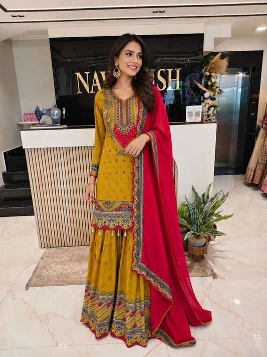 Yellow & Red Crepe Sharara Set
Designer Sharara Suit
Wedding Wear Sharara
Festive Party Wear Ethnic Set
Crepe Designer Suit