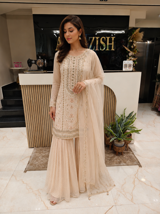 Cream Silk Sharara Set
Designer Sharara Suit
Wedding Wear Sharara
Festive Party Wear Sharara
Silk Ethnic Set