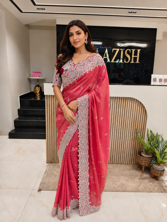 Carrot Pink Wine Tissue Saree
Gota Patti Work Saree
Dabka Work Saree
Designer Party Wear Saree
Wedding Wear Saree