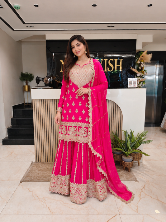 Hot Pink Georgette Sharara Set
Designer Sharara Suit
Zari Pearl Work Sharara Set
Wedding Wear Georgette Sharara
Luxury Ethnic Wear