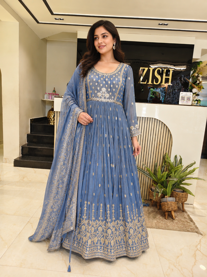 Blue Designer Anarkali
Tissue Festive Wear Women
Zari Mirror Work Outfit
Wedding Wear Anarkali India
Luxury Party Wear Dress