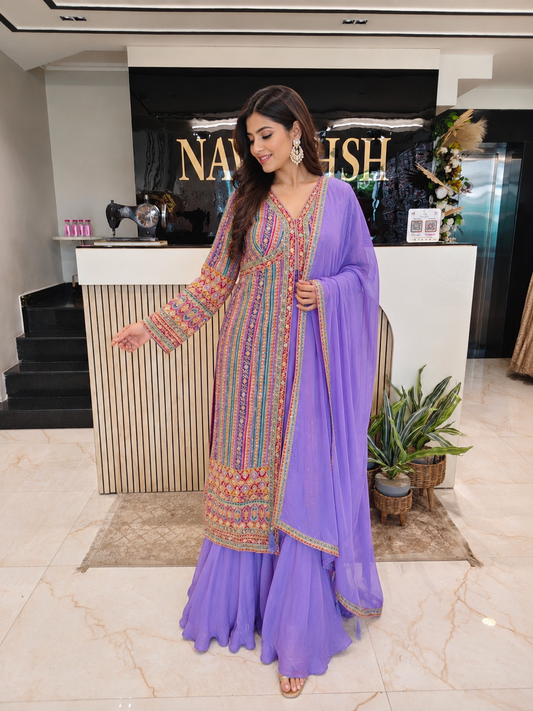 Purple Chinon Anarkali Sharara Set
Designer Anarkali Sharara Suit
Wedding Wear Anarkali Set
Festive Party Wear Ethnic Set
Chinon Designer Suit