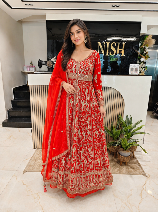 Orange Anarkali Skirt Set
Georgette Festive Wear
Mirror Work Ethnic Outfit
Designer Wedding Wear India
Contemporary Party Wear Women