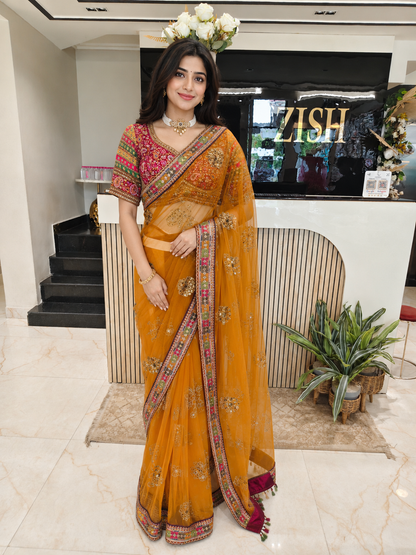 Mustard Maroon Net Saree
Handwork Net Saree
Zari Work Saree
Designer Party Wear Saree
Wedding Wear Saree