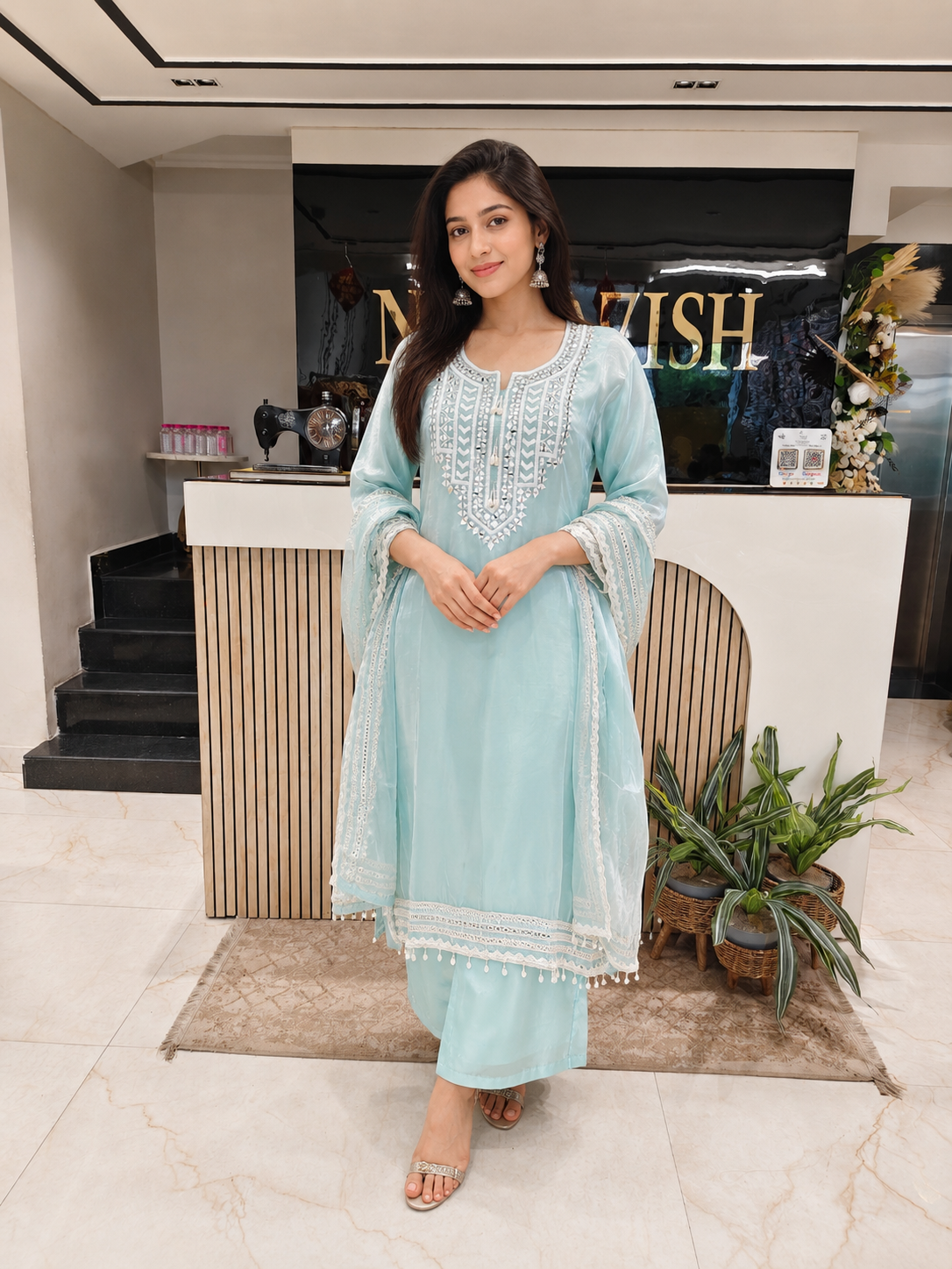 Sky Blue Kaftan Set
Designer Jimmy Choo Kaftan
Mirror Work Ethnic Outfit
Contemporary Fusion Wear India
Luxury Festive Wear Women