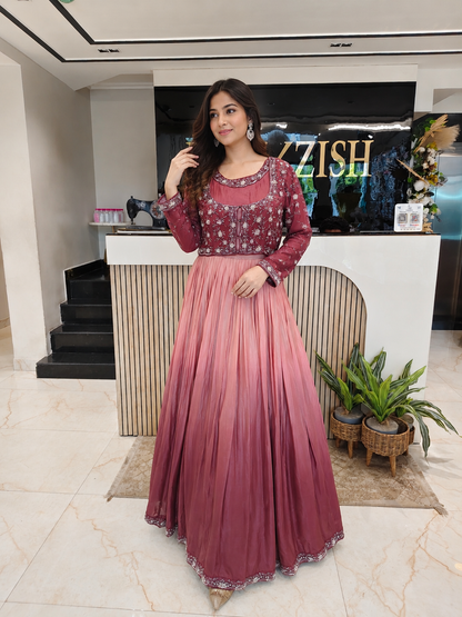 Wine Peach Anarkali
Designer Crepe Anarkali
Kutdana Resham Work Outfit
Wedding Wear Anarkali India
Luxury Festive Wear Women