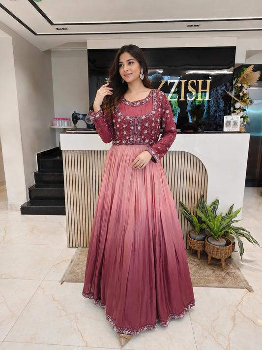 Wine Peach Anarkali
Designer Crepe Anarkali
Kutdana Resham Work Outfit
Wedding Wear Anarkali India
Luxury Festive Wear Women