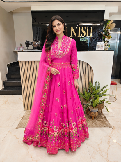 Rani Pink Designer Anarkali
Floral Print Silk Outfit
Sequins Work Festive Wear
Wedding Wear Anarkali India
Luxury Party Wear Dress